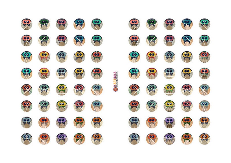 SUMMER OWLS - 15mm und 12mm Größe Printable Download für Ohrringe Manschettenknöpfe Anhänger Armbänder Ringe Digital Collage Sheet Instant Download Bild 2