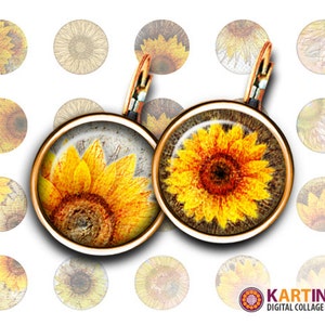 May include: A pair of sunflower earrings with a copper finish. The earrings feature a round glass cabochon with a sunflower image. The sunflowers are yellow with brown centers and are set against a brown background.