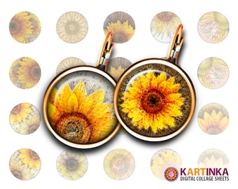 May include: A pair of sunflower earrings with a copper finish. The earrings feature a round glass cabochon with a sunflower image. The sunflowers are yellow with brown centers and are set against a brown background.