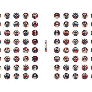 May include: A collection of circular owl designs in red, white, and blue. Each owl has a unique pattern, with stripes, lines, and solid colors. The owls are arranged in a grid pattern on a white background.