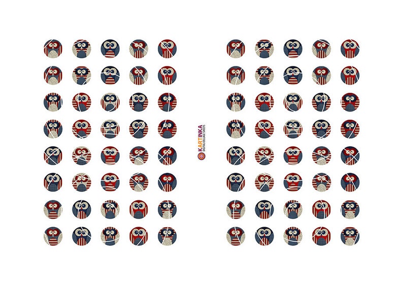 May include: A collection of circular owl designs in red, white, and blue. Each owl has a unique pattern, with stripes, lines, and solid colors. The owls are arranged in a grid pattern on a white background.