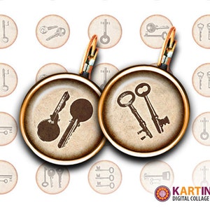 15mm, 12mm tamaño imprimible VINTAGE KEYS Digital descargar para aretes mancuernillas artesanías joyas anillos pulseras cápsulas impresión usted mismo