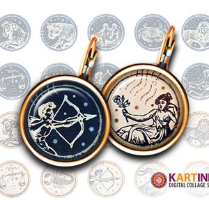 20mm, 18mm, 15mm, 12mm Descarga imprimible SIGNOS DEL ZODIACO Sellos para pendientes Puños Manualidades Anillos de joyería Pulseras Hoja de collage digital
