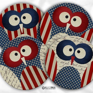 May include: Four circular coasters featuring owl designs in red, white, and blue, reminiscent of the American flag. Each coaster has an owl with large eyes and a beak, with striped and polka dot patterns. The background includes vintage script.