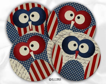 3.8 inch & 4 inch Print it yourself PATRIOTIC OWLS 4th Fourth July Printable Images Digitals for Circles Coasters Greeting Cards Crafts DIY