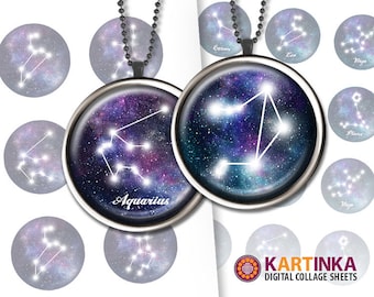 1 inch (25mm) 1.5 inch Printable ZODIAC SIGNS on GALACTIC Background Images for round pendants Glass cabochons Cameo settings Bezel trays