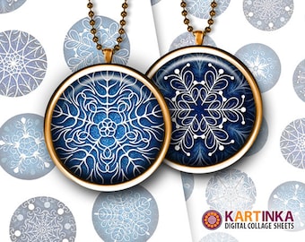 1 inch (25mm) & 1.5 inch Digital SNOWFLAKES Printable images for Round pendants Bezel trays Bottle caps Glass cabochons Digital Download