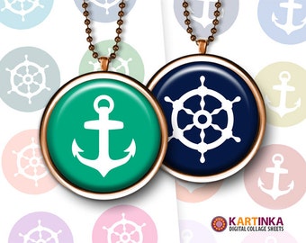 Printable Downloads ANCHORS and SHIP'S WHEELS 1 inch (25mm) and 1.5 inch size Digital Images for Bottle Cap Glass Cabochon Resin Pendants