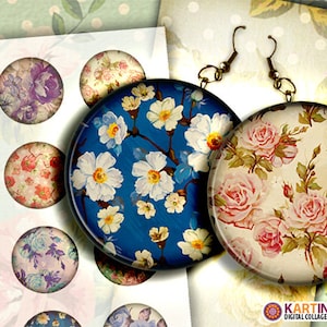 May include: Floral earrings with a vintage aesthetic. One earring features a blue background with white flowers, while the other showcases pink roses. Additional floral designs are visible in the background.