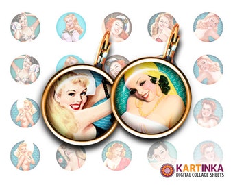 18mm 15mm 12mm images PIN-UP GIRLS Printable Download for Earrings Rings Cuff links Resin pendants Bracelets Bottle caps diy Glass cabochons