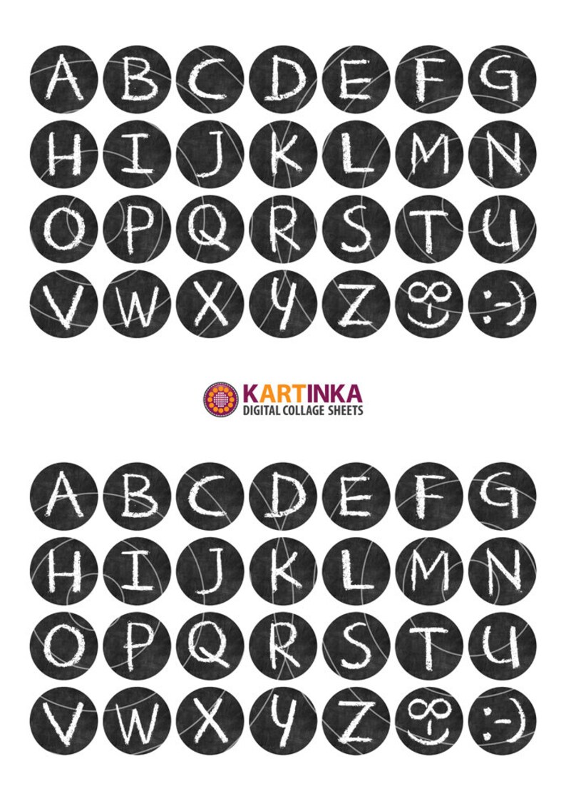 May include: Digital collage sheets featuring the alphabet, each letter in a white, handwritten style, set within a black circle. The letters are arranged in rows, with the brand name "KARTINKA DIGITAL COLLAGE SHEETS" at the bottom.