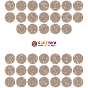 Pu&ograve; includere: Un foglio di collage digitale con l'alfabeto, ogni lettera ricamata su un cerchio smerlato marrone. Le lettere sono in un carattere corsivo, cucite con filo bianco. L'immagine include il testo "KARTINKA DIGITAL COLLAGE SHEETS".
