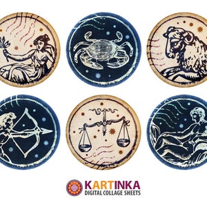 1 inch 25mm, 1.5 inch Printable ZODIAC SIGNS Stamps images for round pendants, glass cabochons, cameo settings, bezel trays Digital Sheet image 1