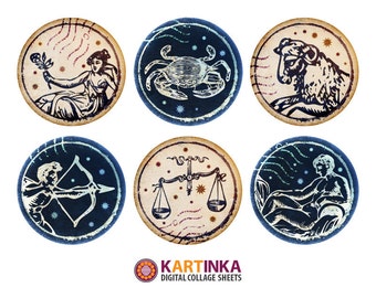 1 inch (25mm), 1.5 inch Printable ZODIAC SIGNS Stamps images for round pendants, glass cabochons, cameo settings, bezel trays; Digital Sheet