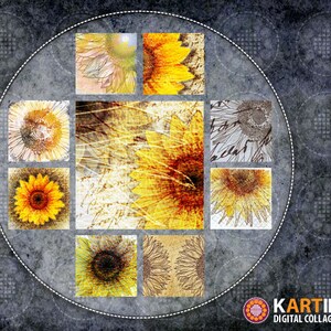 May include: A digital collage sheet featuring various artistic renderings of sunflowers in shades of yellow, orange, and brown. The images are arranged in a circular pattern against a textured gray background. The text "KARTINKA DIGITAL COLLAGE SHEETS" is visible.