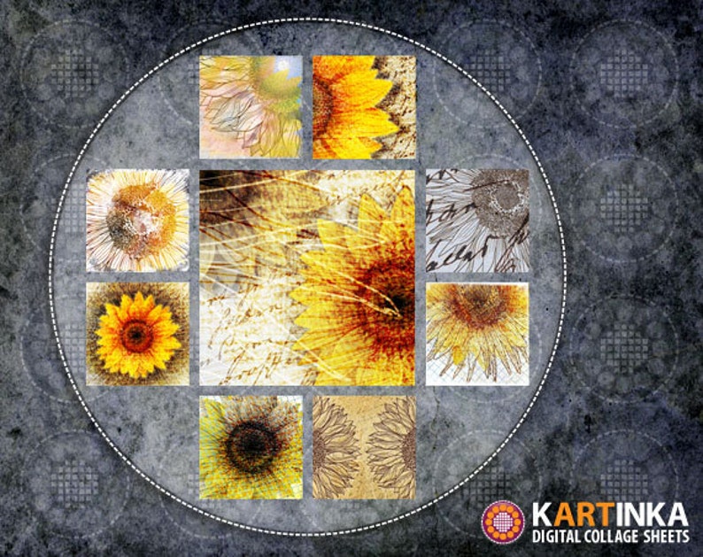 May include: A digital collage sheet featuring various artistic renderings of sunflowers in shades of yellow, orange, and brown. The images are arranged in a circular pattern against a textured gray background. The text "KARTINKA DIGITAL COLLAGE SHEETS" is visible.