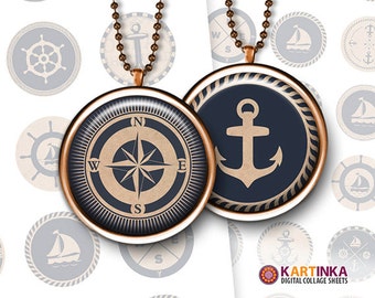 1 inch 25mm 1.5 inch 1.18 inch 30mm Printable image NAUTICAL MIX Digital download Round pendants Bezel trays Glass cabochon Mountings cameo