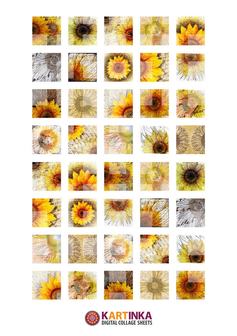 May include: A digital collage sheet featuring a grid of sunflower images in various styles. The sunflowers are depicted in shades of yellow, orange, and brown, with some having a textured or artistic appearance. The sheet includes the text "KARTINKA DIGITAL COLLAGE SHEETS".