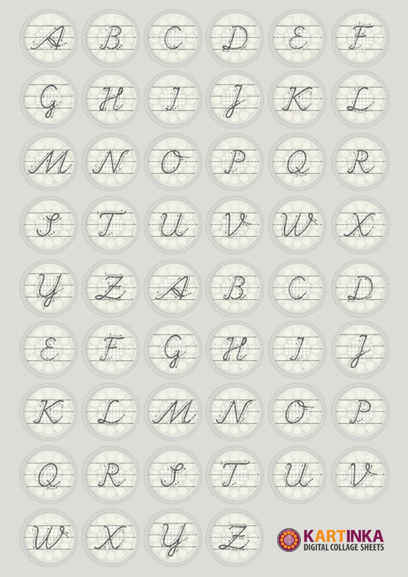 May include: A set of printable alphabet letter stickers featuring cursive handwriting practice sheets. Each letter is in a circle with a lined background. The letters are in black and white.