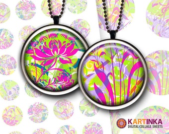 1 inch (25mm) 1.5 inch Printable NEON FLORAL MIX Digital Images for Bottle caps Pendants Jewelry Mountings cameo setting Round bezel cabs