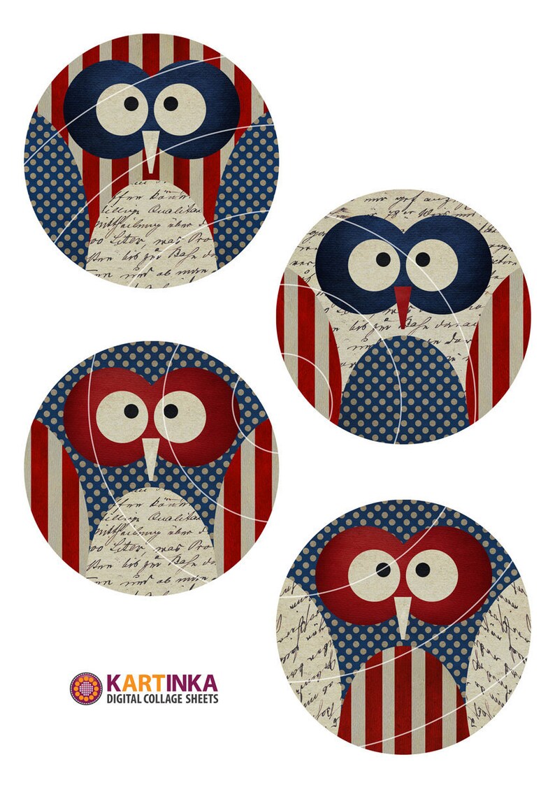 3.8 inch & 4 inch Print it yourself PATRIOTIC OWLS 4th Fourth July Printable Images Digitals for Circles Coasters Greeting Cards Crafts DIY image 2