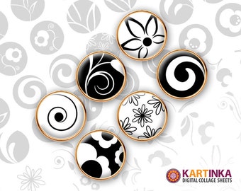 20mm, 12mm, 10mm size images BLACK & WHITE FLORA Printable Download for earrings, rings, cufflinks, pendants, bracelets, Print it yourself
