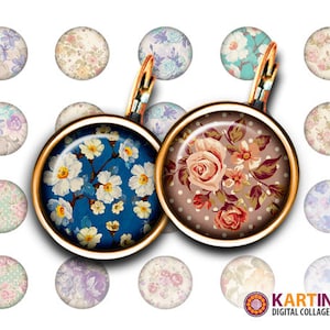 Círculos de tamaño 15 mm, 12 mm y 10 mm PATRONES FLORALES Imprimibles Descargar Hoja de collage digital para aretes, gemelos, colgantes, anillos, pulseras, manualidades