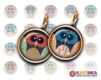 SUMMER OWLS - 15mm and 12mm size Printable Download for earrings cuff links pendants bracelets rings Digital Collage Sheet Instant Download