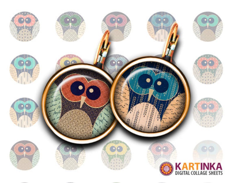 SUMMER OWLS - 15mm und 12mm Größe Printable Download für Ohrringe Manschettenknöpfe Anhänger Armbänder Ringe Digital Collage Sheet Instant Download Bild 1