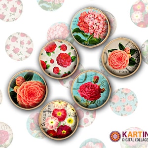 Hoja de collage digital imprimible VINTAGE BLOSSOM de 15 mm, 13 mm y 12 mm para pendientes, tapas de botellas, gemelos, colgantes, anillos y pulseras