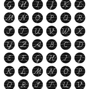 May include: A digital collage sheet featuring the alphabet, each letter in a white cursive font, set within a black circle. The sheet includes all 26 letters, with a dotted line and curved lines. The bottom right corner has the text "KARTINKA DIGITAL COLLAGE SHEETS."