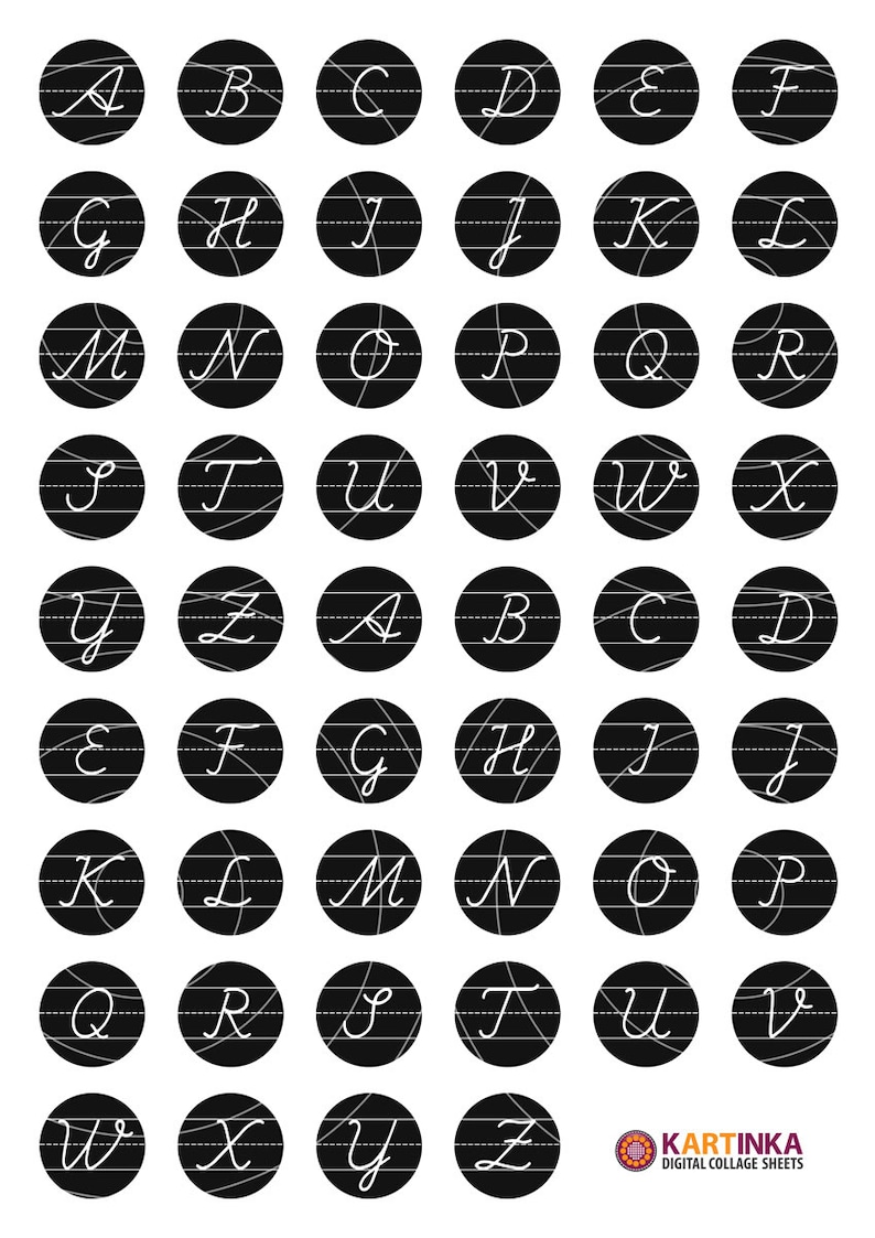 May include: A digital collage sheet featuring the alphabet, each letter in a white cursive font, set within a black circle. The sheet includes all 26 letters, with a dotted line and curved lines. The bottom right corner has the text "KARTINKA DIGITAL COLLAGE SHEETS."