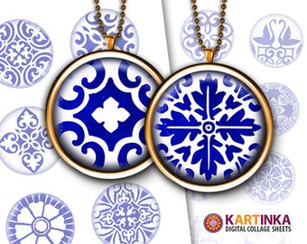 1 inch (25mm) & 1.5 inch Printable Download COBALT BLUE ORNAMENTS Images for Pendants Bottle caps Round bezel cabs Mountings cameo settings