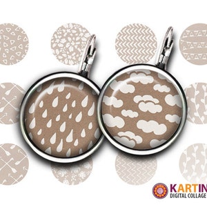 Könnte beinhalten: Ein Paar runde, silberfarbene Ohrringe. Einer hat einen braunen Hintergrund mit weißen Regentropfen, der andere einen braunen Hintergrund mit weißen Wolken. Zusätzliche kreisförmige Designs mit verschiedenen Mustern umgeben die Ohrringe.