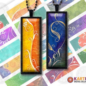 May include: Two rectangular pendant necklaces with black frames. One pendant has a yellow and orange background with white floral design. The other has a blue background with gold floral design. The background has colorful abstract designs.