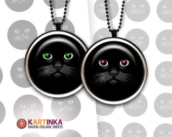 1 inch 1.5 inch BLACK CAT Colorful EYES Images for Resin pendants Bottle caps Round bezel cabs Mountings cameo settings diy Glass cabochons
