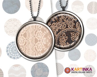 LACE on CANVAS - 1 inch, 1.5 inch Printable digital download images for Round pendants Bezel trays Bottle caps Glass cabochons Jewelry DIY