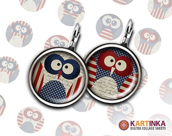 PATRIOTIC OWLS 15mm, 14mm, 13mm size Printable Download Digital Collage Sheet for Earrings Bottle Caps Cufflinks Pendants Rings Bracelets