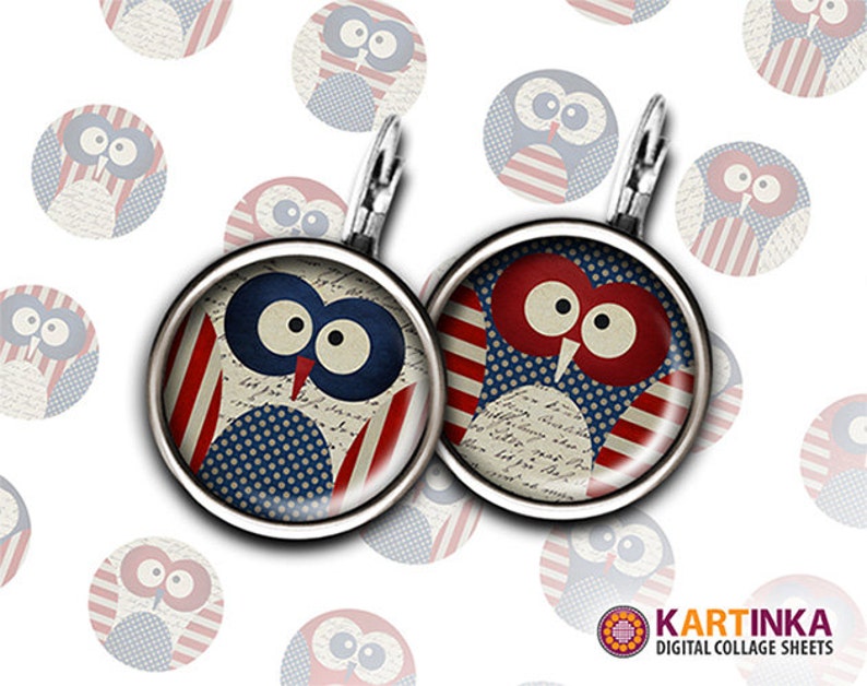 May include: A pair of round, silver-toned earrings featuring owl designs. Each owl has a patriotic color scheme with red and blue stripes, polka dots, and a vintage script background. The earrings are set against a white background with additional owl graphics.