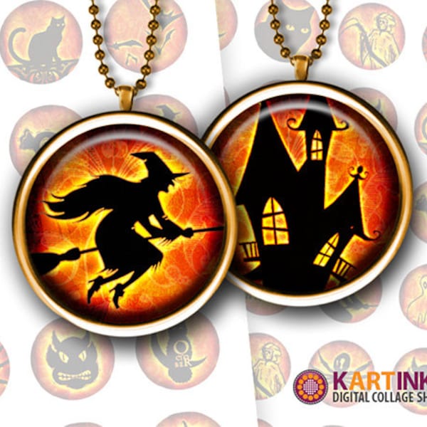 2,5 cm 3,8 cm 7/8 cm HALLOWEEN SPOOKY MIX Utskrivbara runda digitala bilder för hartshängen Kapsyler Bezel-kapslar gör-det-själv Glascabochoner
