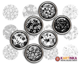 16mm 15mm 13mm 12mm Größe Digital Download FLORAL PATTERNS Schwarz Weiß Druckbare Bilder für Ohrringe Manschettenknöpfe Fassungen Ringe Anhänger