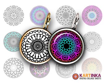 15mm 12mm Printable Images COLORFUL MANDALAS Digital Download for Earrings, Cufflinks, Bracelets, Rings, Pendants, Bottle Caps, Jewerly, DIY