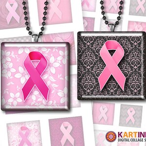 BREAST CANCER AWARENESS 1x1 inch, 1.5x1.5 inch Digital Collage Sheet Printable Download for pendants magnets tiles image 1
