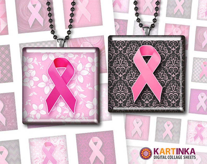 BREAST CANCER AWARENESS 1x1 inch, 1.5x1.5 inch Digital Collage Sheet Printable Download for pendants magnets tiles image 1
