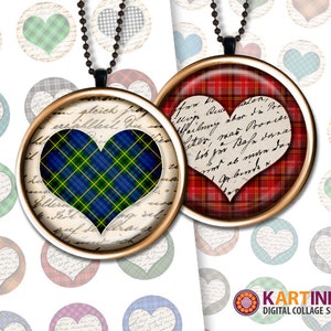 1 inch 25mm 1.5 inch 7/8 inch Printable images PLAID HEARTS Digital download for Round pendants Bezel trays Glass cabochon Bottle caps Craft