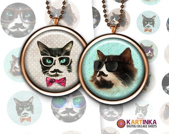 HIPSTER CAT - 1 inch and 1.5 inch Circles Digital Collage Sheet Printable Download for Pendants Magnets