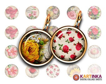 VINTAGE BLOEMEN - 18mm, 15mm, 12mm formaat afdrukbare afbeeldingen voor oorbellen, manchetknopen, hangers, ambachten, ringen, flessendoppen, afdrukbare downloads
