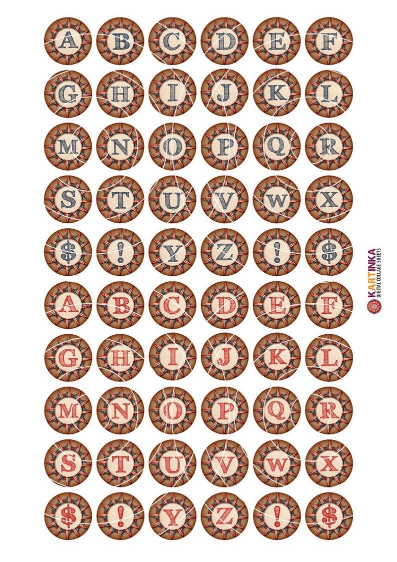 Puede incluir: Un conjunto de 36 c&iacute;rculos de papel para scrapbooking imprimibles con el alfabeto y s&iacute;mbolos. Los c&iacute;rculos son marrones con un dise&ntilde;o de estrella roja y blanca. Cada c&iacute;rculo presenta una letra del alfabeto, un signo de d&oacute;lar, un signo de exclamaci&oacute;n o un signo de interrogaci&oacute;n en fuente gris.