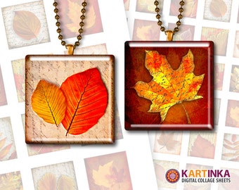 1 inch, 1.5 inch, 7/8 inch Square Images AUTUMN LEAVES Printable Download Digital Collage Sheet for pendants bezel trays magnets paper craft