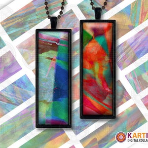 May include: Two rectangular pendant necklaces with abstract art designs. One pendant features a mix of green, blue, and brown hues, while the other showcases red, orange, and green colors. Both are set in black frames and hang from a beaded chain.